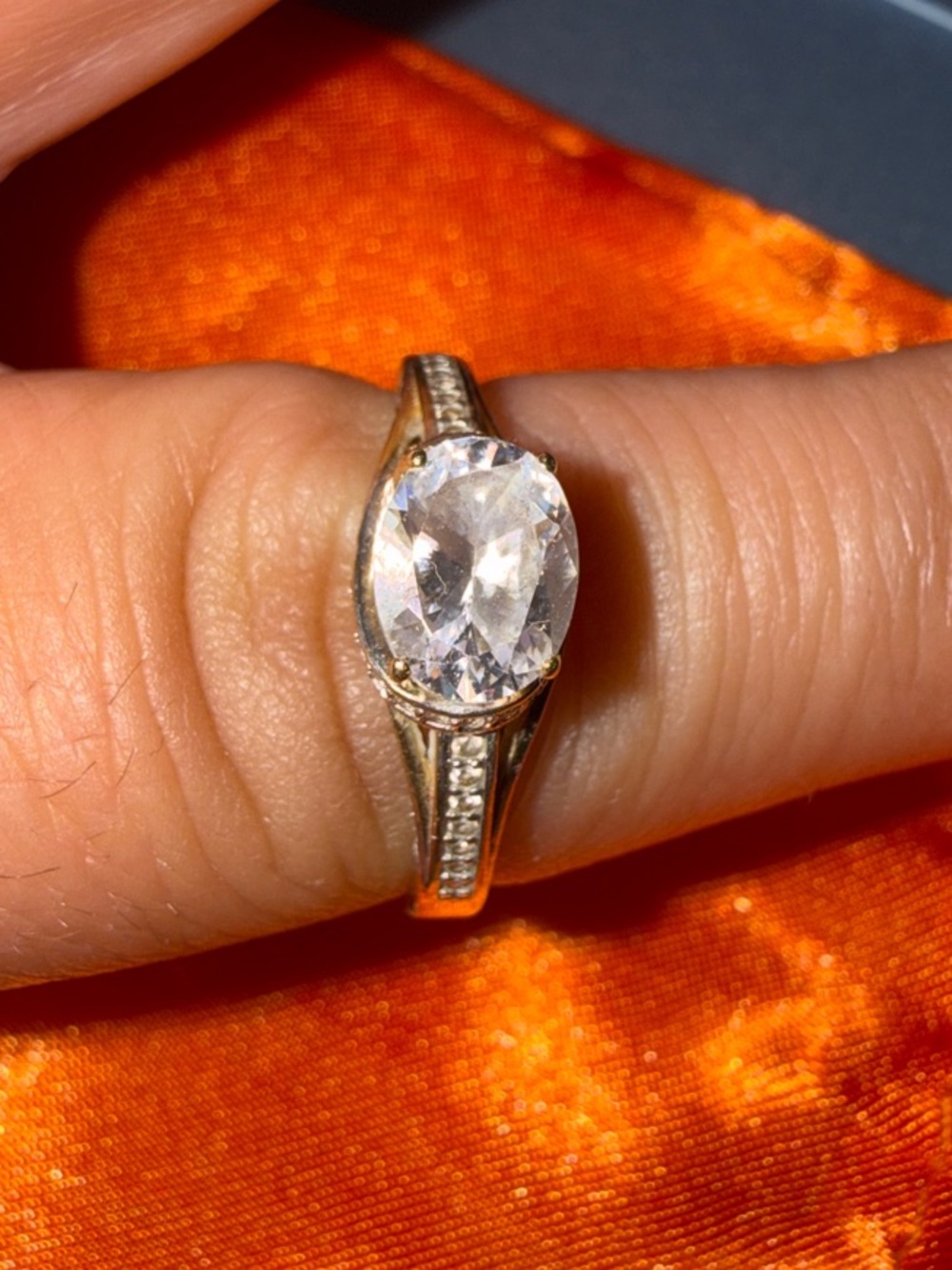 Oval Clear Stone Gold Ring with Pavé Band - Women's Jewelry 10KT/ Yellow Gold